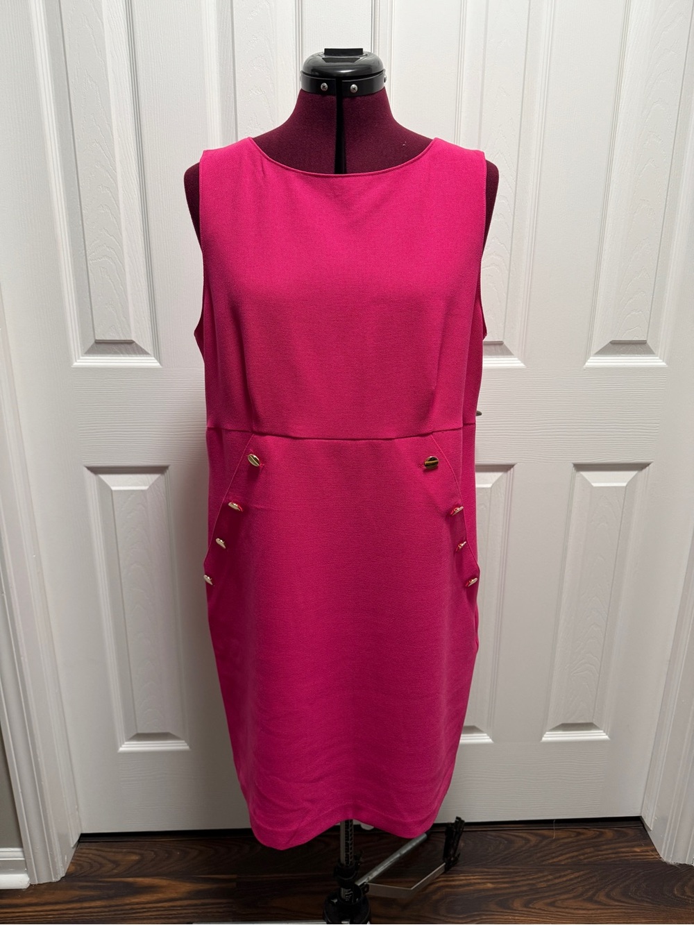Trina Turk Pink Sleeveless Shift Dress with Gold Buttons